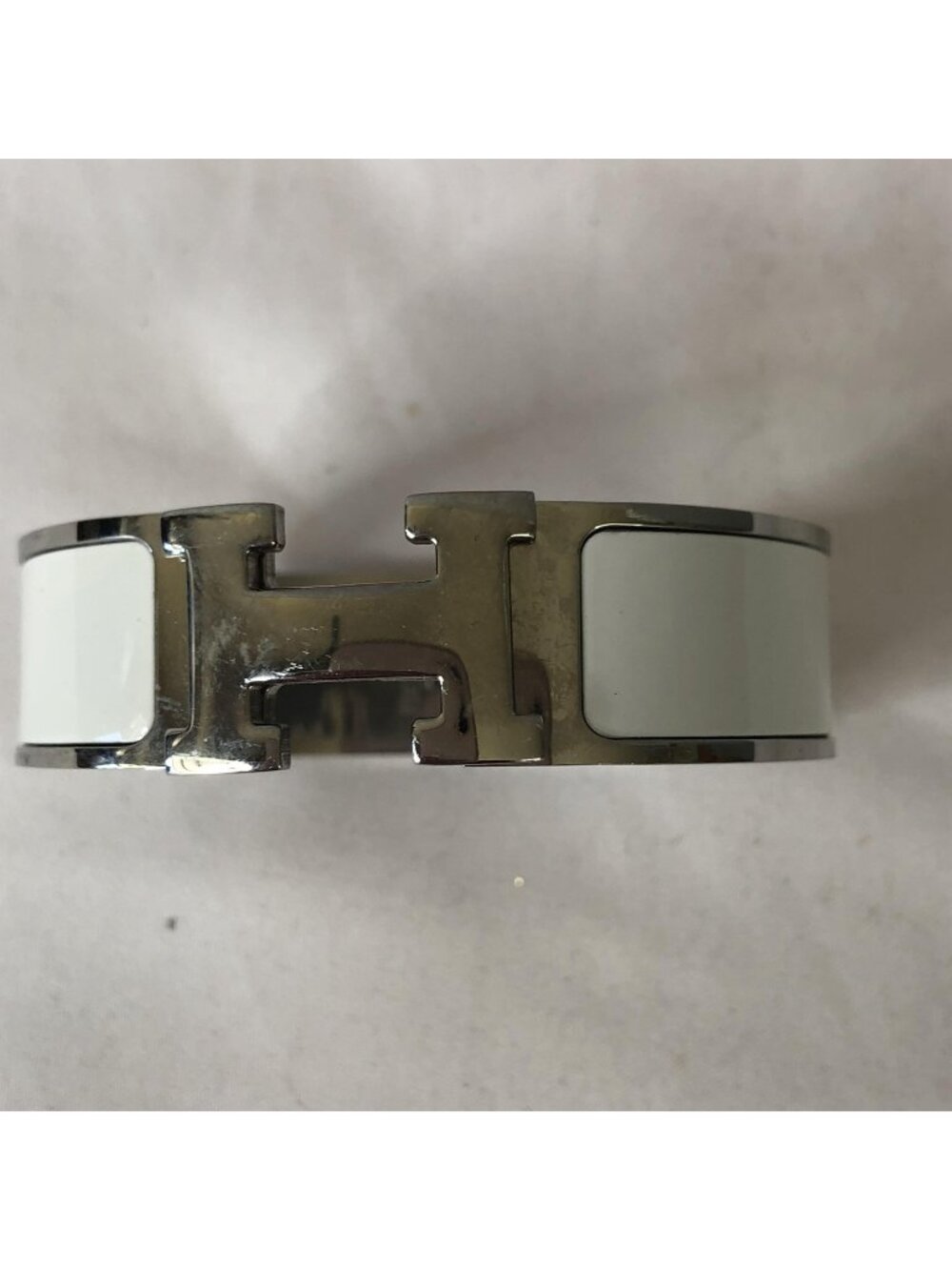 Hermes White Enamel H Bangle Bracelet Silver Tone Turnlock Hinged Box Jewelry
